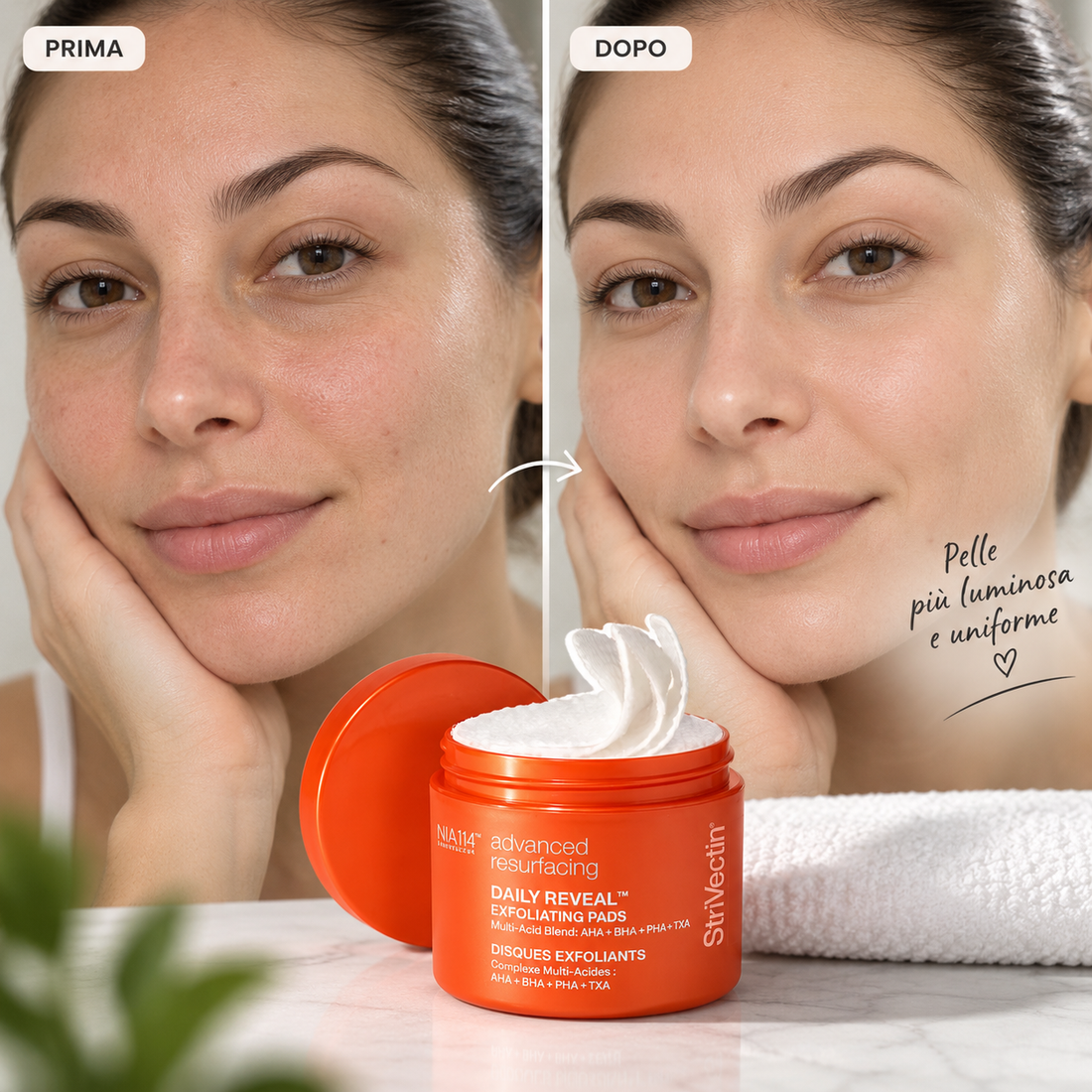 Strivectin Daily Reveal pad esfolianti per tutti i tipi di pelle con acidi esfolianti per un incarnato più liscio e luminoso.