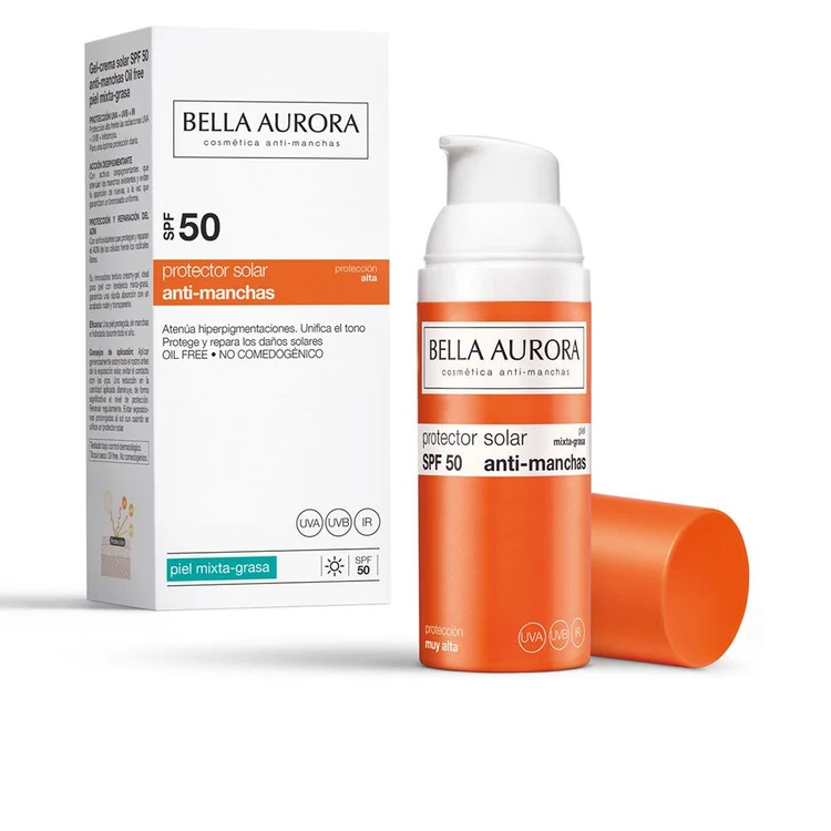 Bella Aurora Solar gel viso anti-macchie SPF 50 per pelle mista e grassa con protezione UVA, UVB e infrarossi.