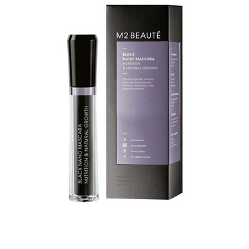 M2 Beauté Black Nano Mascara nero per ciglia più lunghe, folte e definite con acido ialuronico e collagene.