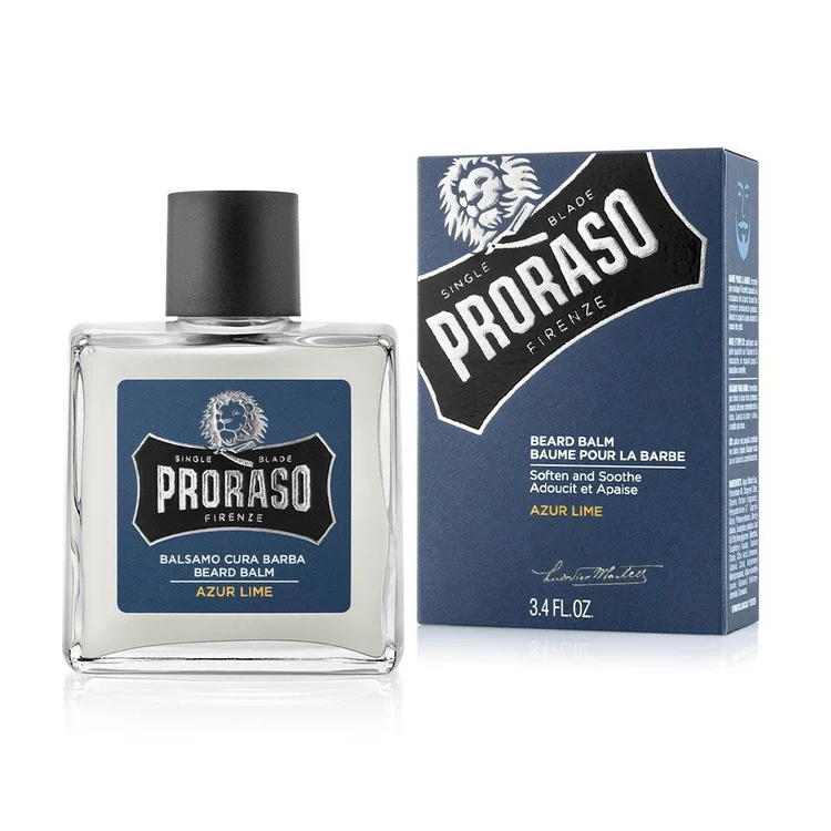 Proraso Blue balsamo da barba con agrumi e menta per lenire e rinfrescare la pelle durante la crescita della barba.