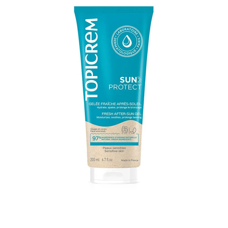 Topicrem Sun Protect gel doposole lenitivo con aloe vera per pelle fresca, idratata e confortevole dopo l'esposizione al sole.