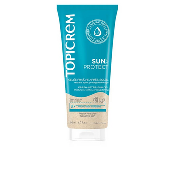 Topicrem Sun Protect gel doposole lenitivo con aloe vera per pelle fresca, idratata e confortevole dopo l'esposizione al sole.